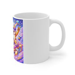 Colorful Space Pug & Cat Mug — Cute Astronaut Pets on Donut Rocket 11oz