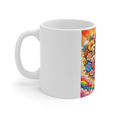 Flower Power Mug — Retro 70s Peace Sign & Rainbow Floral Coffee Cup