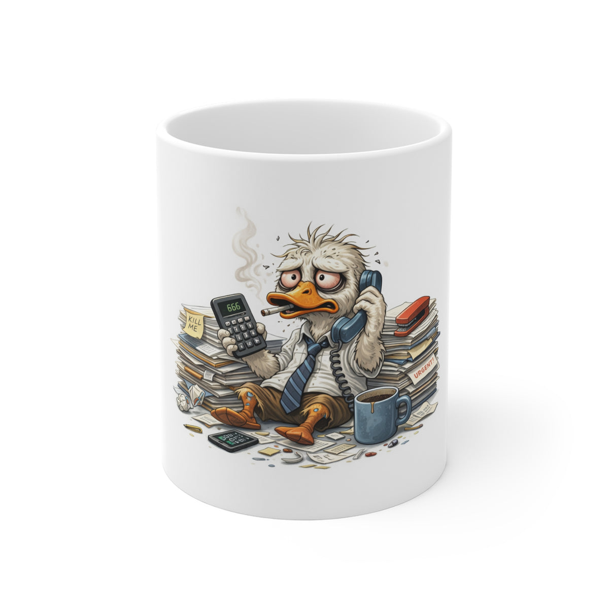 Stressed Office Duck Mug — Funny Workday Coffee Cup for Accountants & Busy Professionals