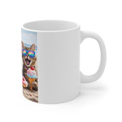Happy Beach Party Cat Mug — Cute Kittens with Sunglasses, Donuts & Birthday Treats