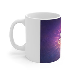 Never Give Up Mug — Inspirational Coffee Cup with Retro Sunburst Design