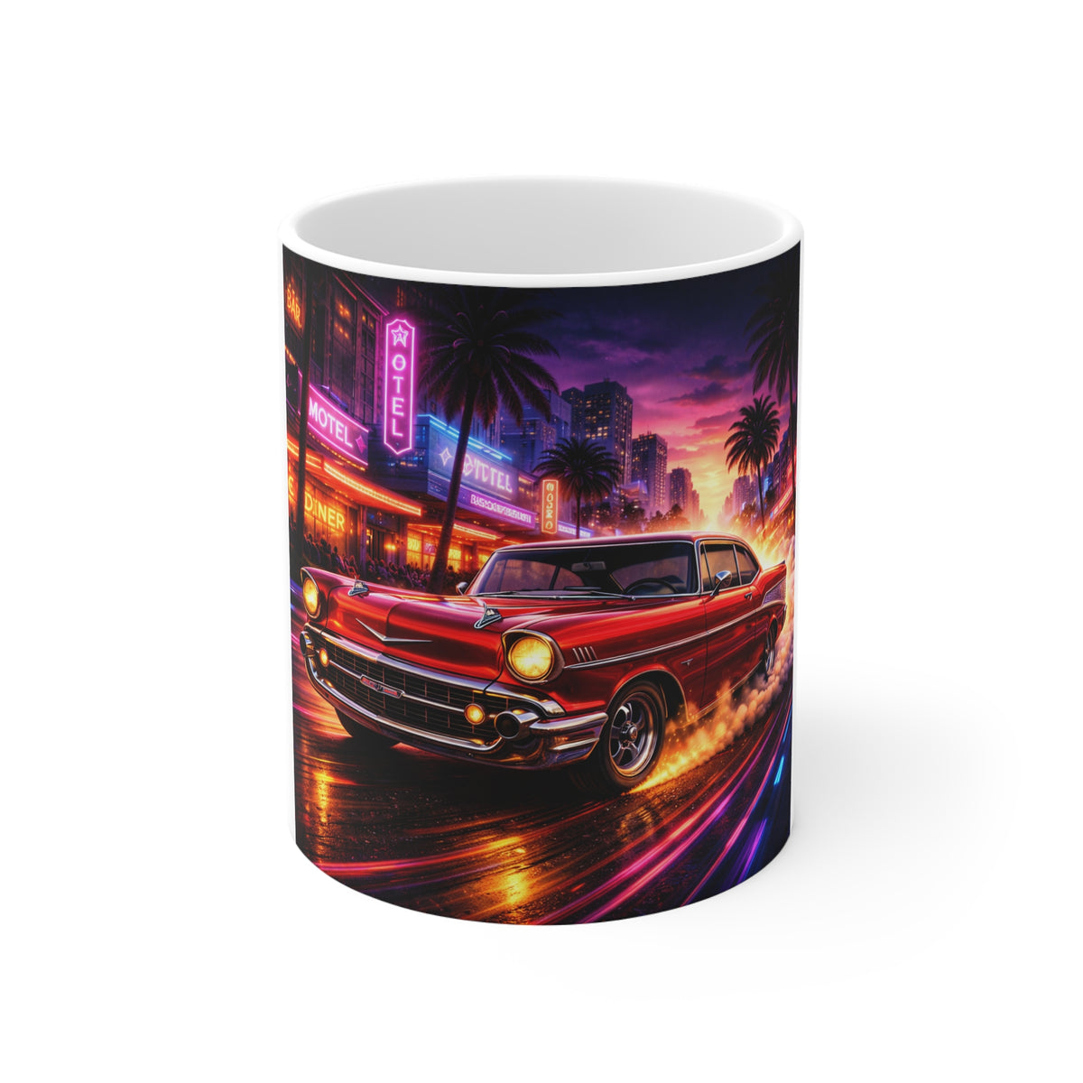 Retro Neon Classic Car Mug — 1950s Hot Rod Nightscape Coffee Cup