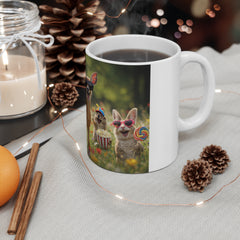 Funny Deer & Friends Coffee Mug — Cute Sunglasses Fawn Holding Soda (11oz)