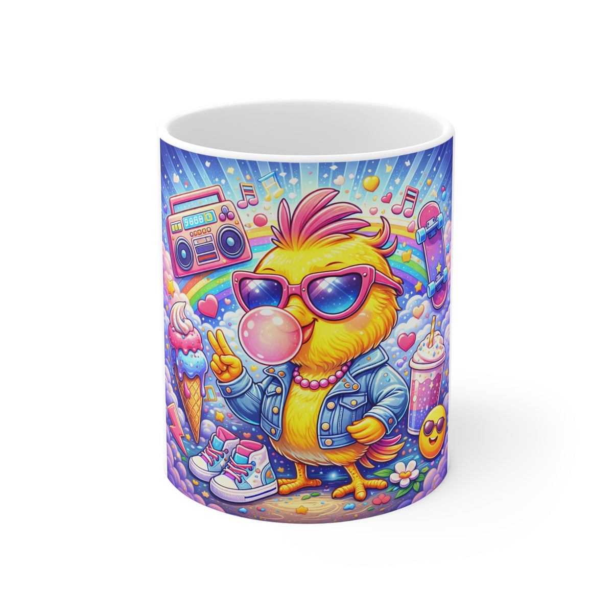 Retro Cool Chick Cartoon Mug — Cute Bubblegum Bird with Sunglasses & Boombox
