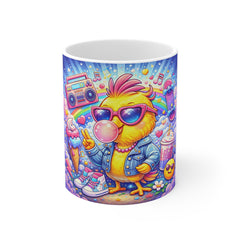 Retro Cool Chick Cartoon Mug — Cute Bubblegum Bird with Sunglasses & Boombox