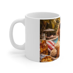 Golden Retriever Poolside Mug — Funny Dog Coffee Cup with Sunglasses & Snacks