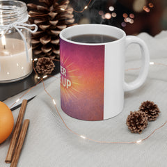 Never Give Up Mug — Inspirational Coffee Cup with Retro Sunburst Design