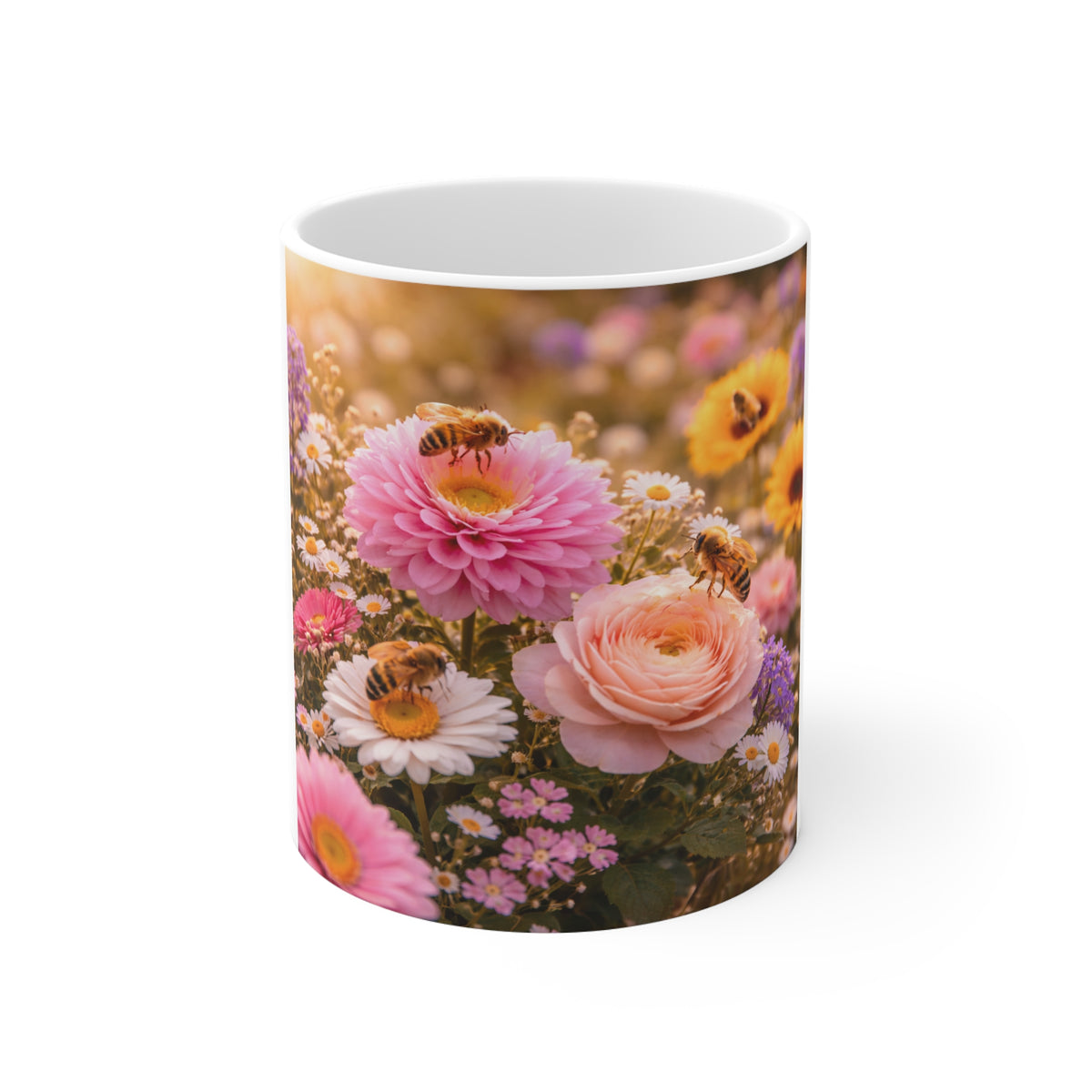 Floral Bee Garden Mug — Pink Ranunculus & Daisies 11oz Ceramic Coffee Cup