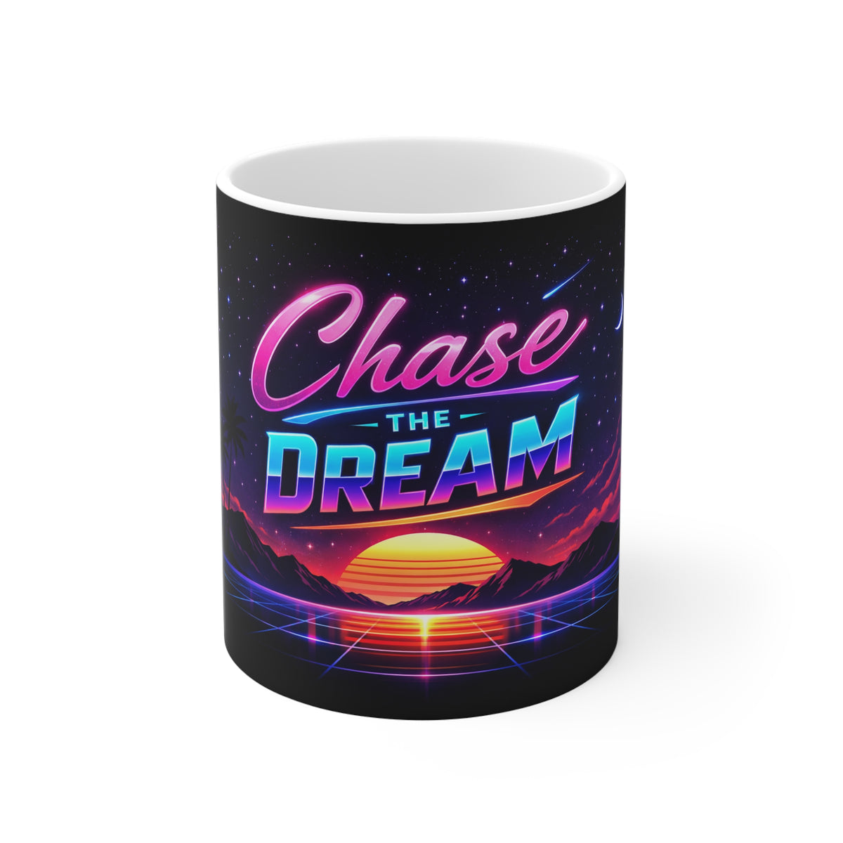 Chase The Dream Mug — Retro 80s Sunset Neon Coffee Cup