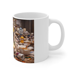Raccoon Party Mug — Funny Cute Animal Coffee Cup with Sunglasses & Snacks