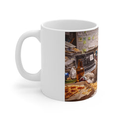 Raccoon Party Mug — Funny Cute Animal Coffee Cup with Sunglasses & Snacks