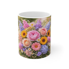 Floral Bouquet 11oz Ceramic Mug — Colorful Spring Flowers Coffee Cup, Gift for Mom