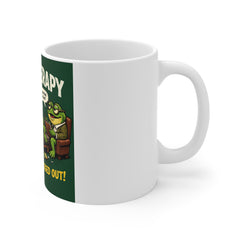 Group Therapy Frog Mug — “We’re All Just Bugged Out” Funny Coffee Cup