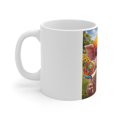 Funny Pig Party Mug — Colorful Clown Pig with Sunglasses, Lollipop & Donut 11oz Ceramic Coffee Cup