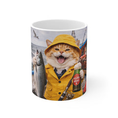 Fisherman Cat Coffee Mug – Cute Kitty in Raincoat Holding Fish and Beer (11oz)
