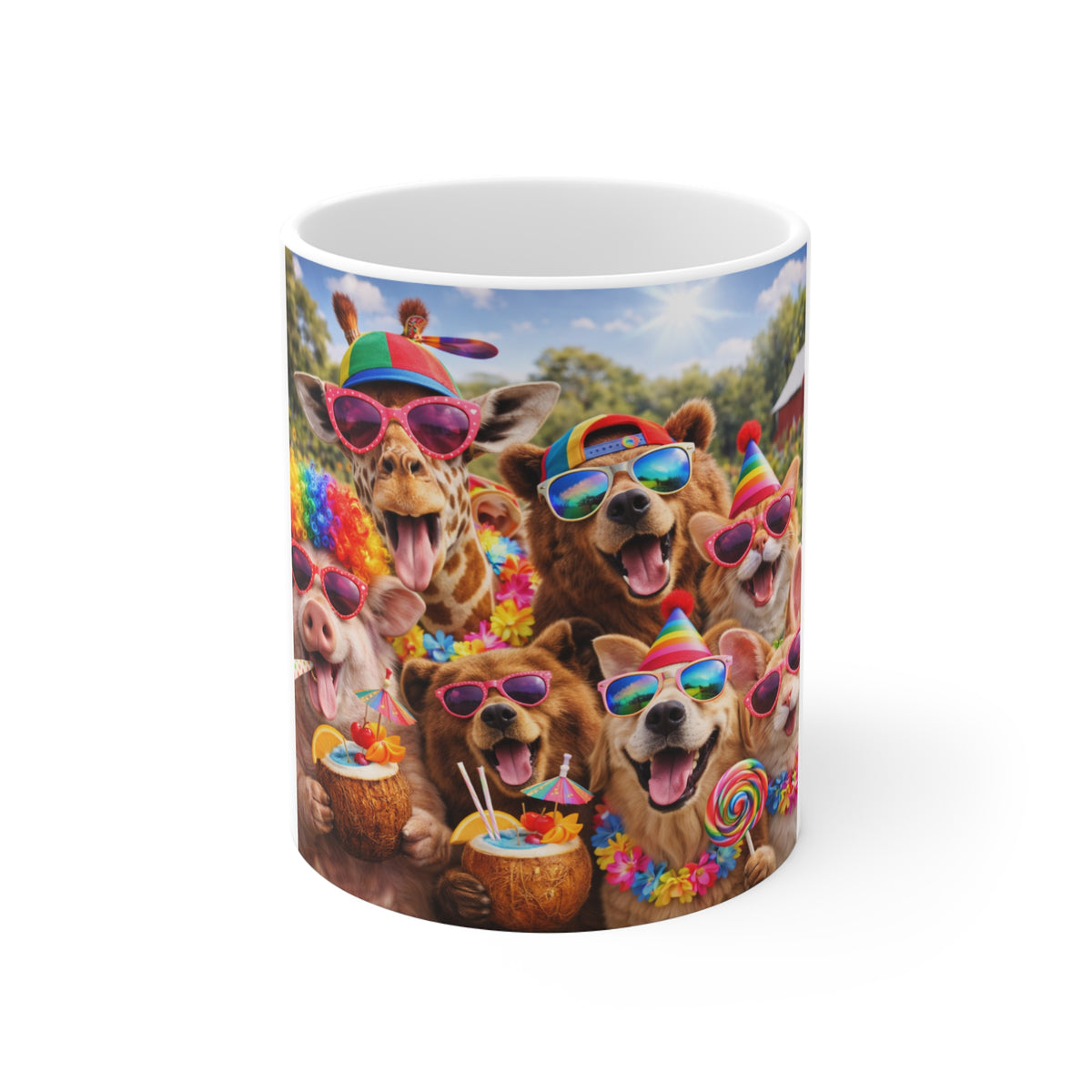 Party Animals Rainbow Mug — Cute Dogs & Farm Friends with Sunglasses and Treats