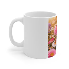 Floral Bee Garden Mug — Pink Ranunculus & Daisies 11oz Ceramic Coffee Cup