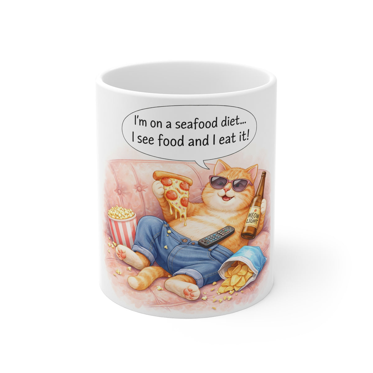 Funny Cat Mug – "I'm on a seafood diet... I see food and I eat it!" 11oz Ceramic Coffee Cup