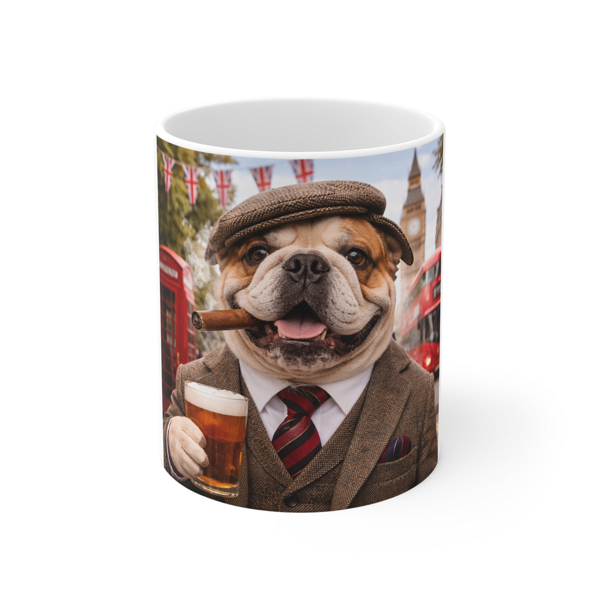 Bulldog in Tweed 11oz Mug — Funny British Dog with Pint & Cigar