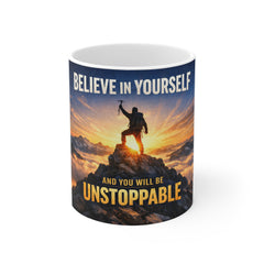 Believe in Yourself Mug — Inspirational Mountain Climber Coffee Cup ("Be Unstoppable")