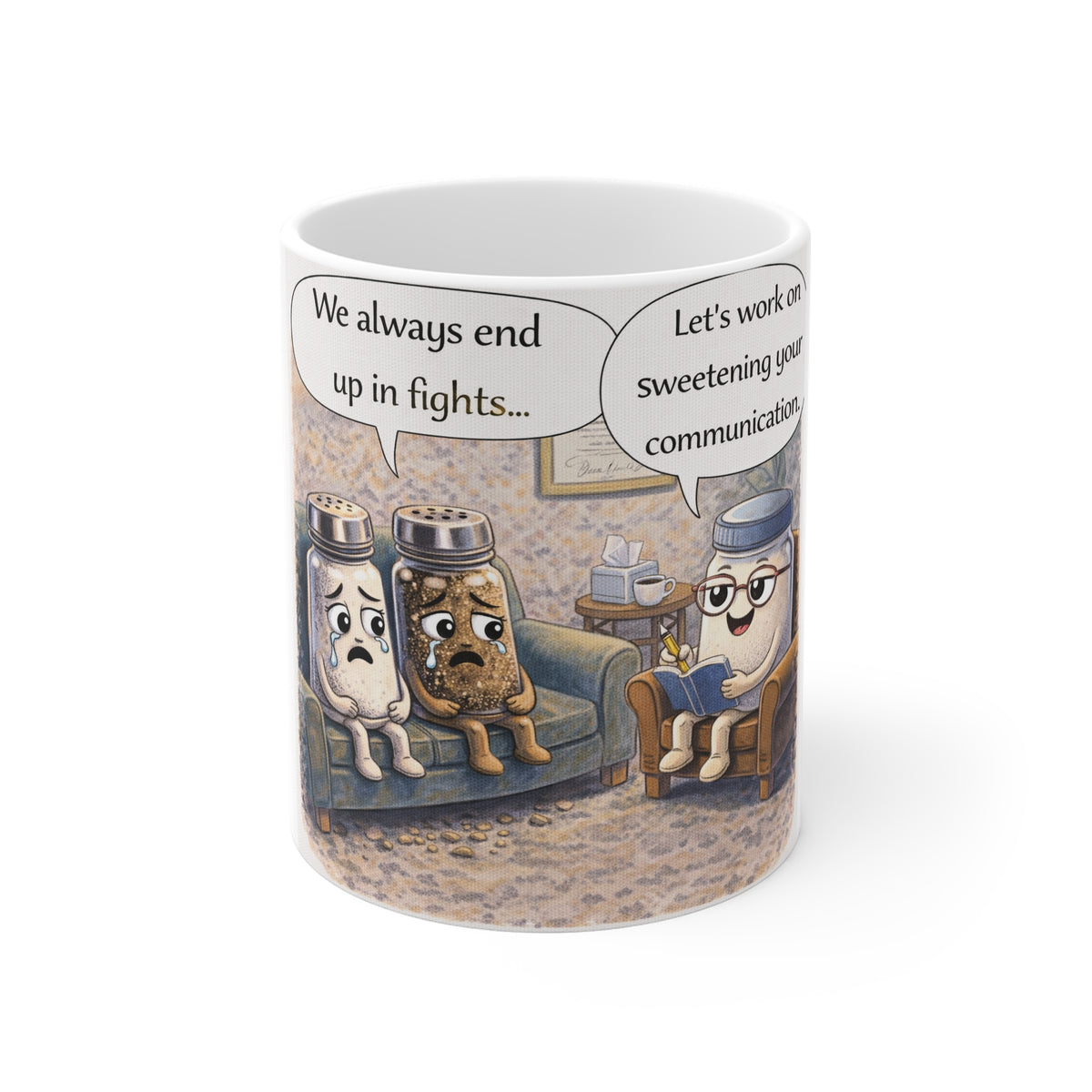 Salt and Pepper Couples Therapy Mug — Funny Relationship Coffee Cup (We Always End Up in Fights)