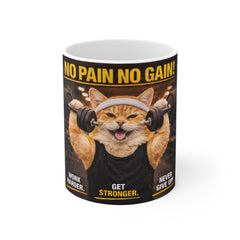 No Pain No Gain Cat Mug – Cute Gym Motivation 11oz Coffee Cup