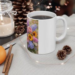 Floral Bouquet 11oz Ceramic Mug — Colorful Spring Flowers Coffee Cup, Gift for Mom