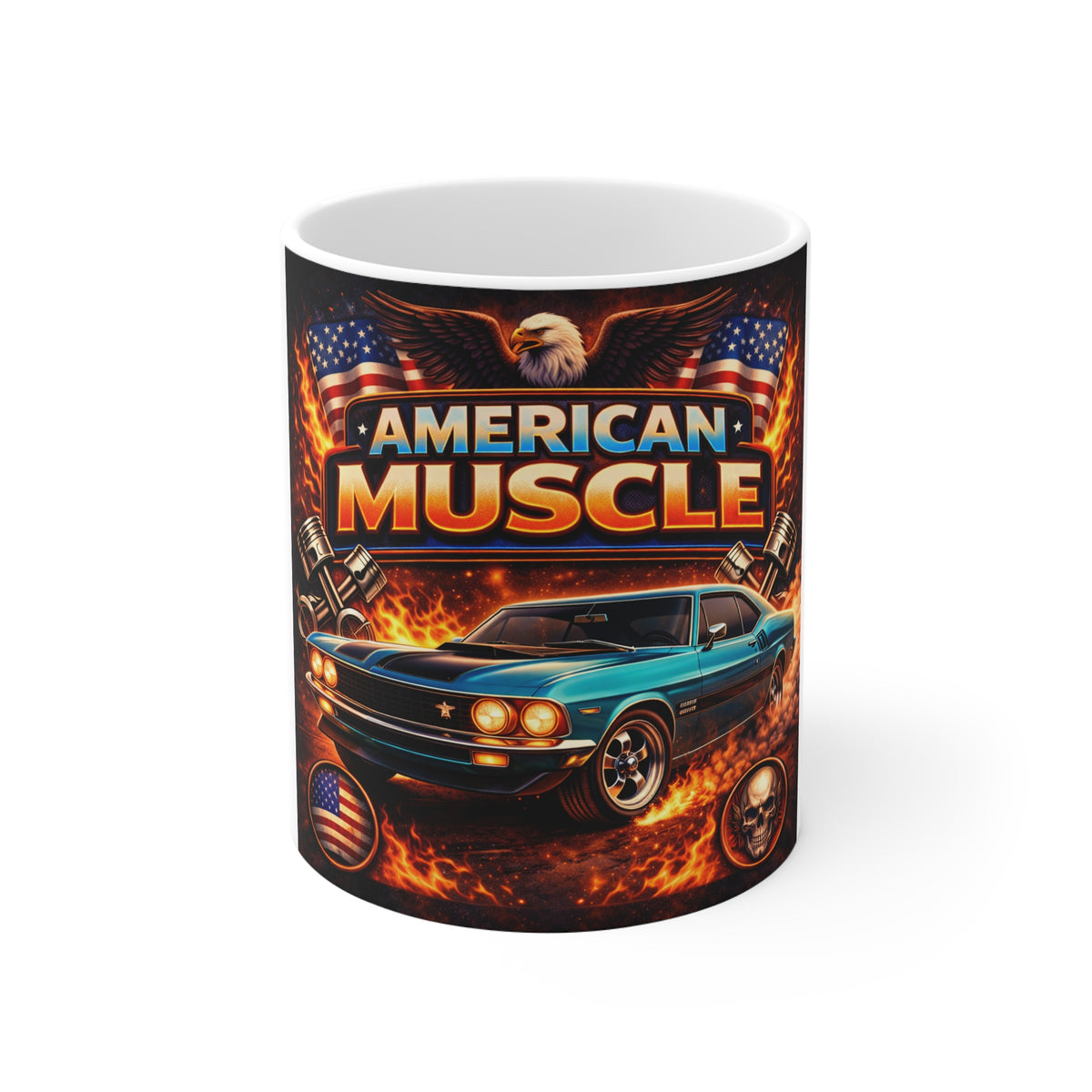 American Muscle Mug — Classic Muscle Car Coffee Cup with Eagle & Flags