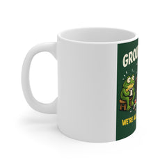 Group Therapy Frog Mug — “We’re All Just Bugged Out” Funny Coffee Cup