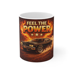 Feel the Power Muscle Car Mug — Retro Racing Coffee Cup
