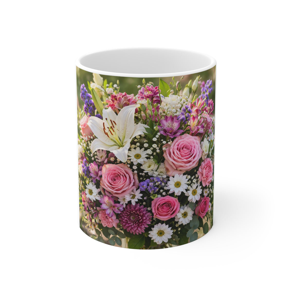 Floral Bouquet Coffee Mug — Pink Roses & Lilies 11oz Ceramic