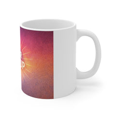 Never Give Up Mug — Inspirational Coffee Cup with Retro Sunburst Design