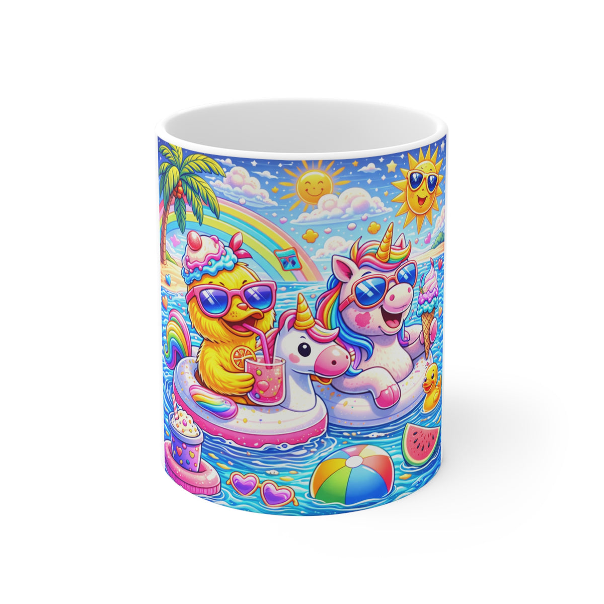 Cute Summer Unicorn & Duck Beach Mug — Colorful Rainbow Pool Float Coffee Cup (11oz)