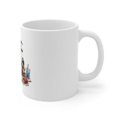 11oz Mug — Hilarious Drunk Goat Cartoon Coffee Cup (Pizza, Bottle & Chaos)