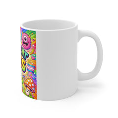 Different Vibes Colorful Cartoon Mug — Rainbow Kawaii Alien, Mushroom & Disco Design