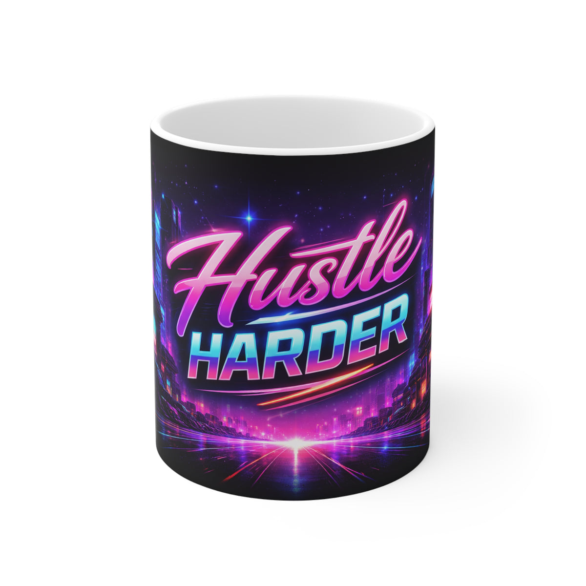 Hustle Harder Mug — Retro Neon Motivational Coffee Cup