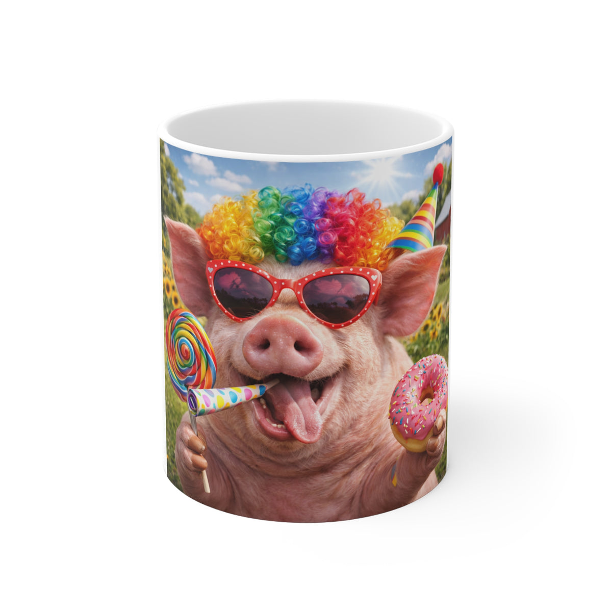 Funny Pig Party Mug — Colorful Clown Pig with Sunglasses, Lollipop & Donut 11oz Ceramic Coffee Cup