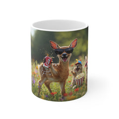 Funny Deer & Friends Coffee Mug — Cute Sunglasses Fawn Holding Soda (11oz)