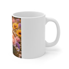 Floral Bee Garden Mug — Pink Ranunculus & Daisies 11oz Ceramic Coffee Cup
