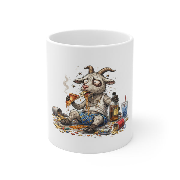 11oz Mug — Hilarious Drunk Goat Cartoon Coffee Cup (Pizza, Bottle & Chaos)