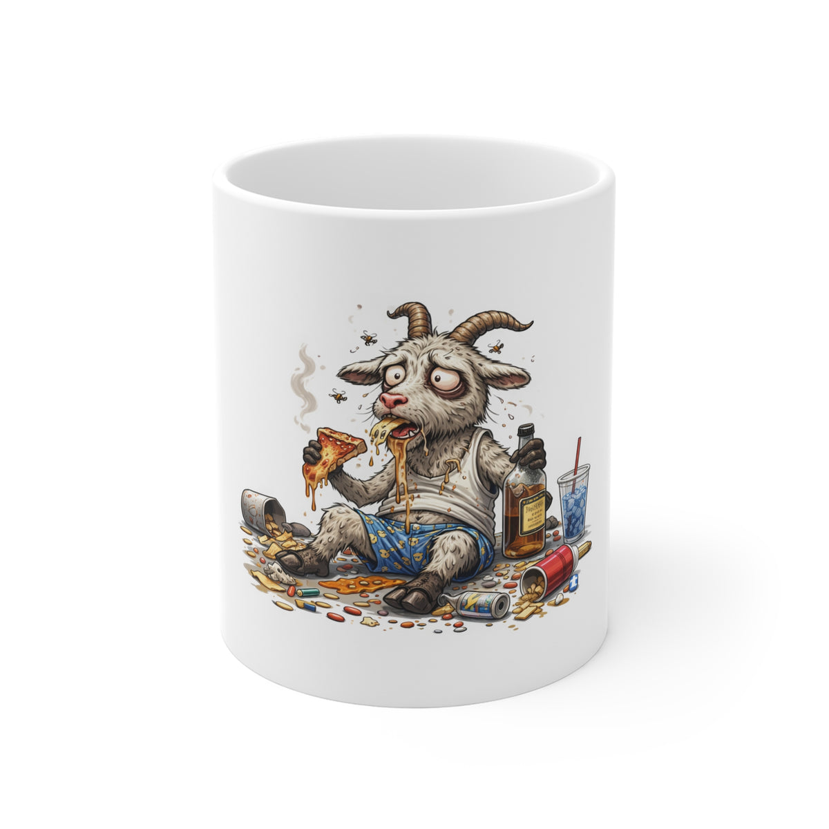 11oz Mug — Hilarious Drunk Goat Cartoon Coffee Cup (Pizza, Bottle & Chaos)