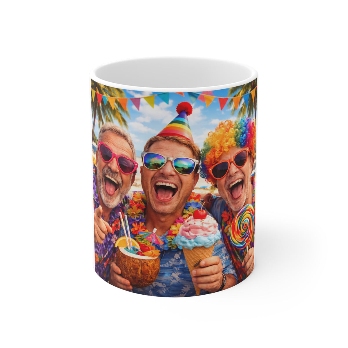 Party Friends Photo Mug – Funny Tropical Celebration Coffee Cup