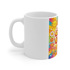 Good Vibes Mug — Colorful Retro Rainbow & Flower Coffee Cup