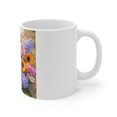 Floral Bouquet 11oz Ceramic Mug — Colorful Spring Flowers Coffee Cup, Gift for Mom
