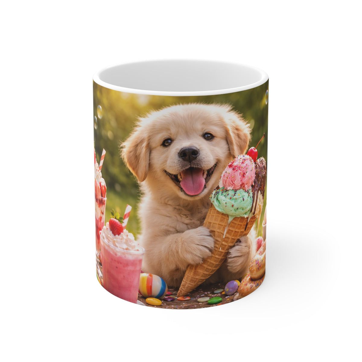 Puppy & Ice Cream Photo Mug — Cute Golden Retriever Coffee Cup