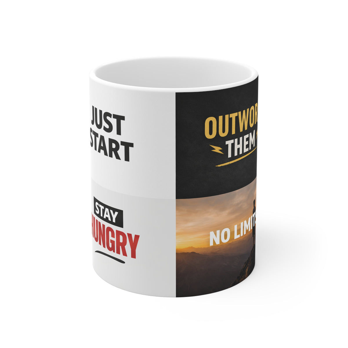 Motivational Quote Mug — "Stay Hungry" & "Just Start" Inspirational Coffee Cup