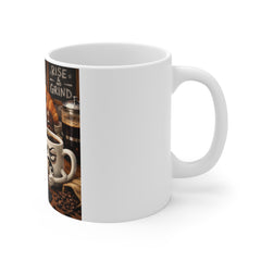 Funny Coffee Morning Mug — 'Rise & Grind' Cartoon Breakfast Characters