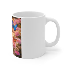 Butterfly Garden Mug — Floral 11oz Coffee Cup with Pink Daisies & Monarchs