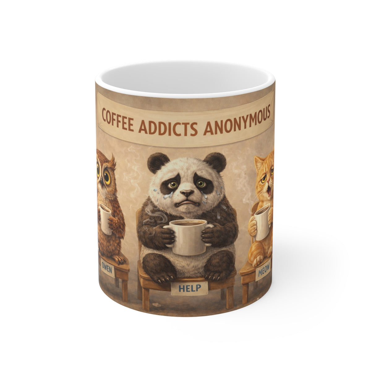 Coffee Addicts Anonymous Mug — Cute Panda, Owl & Cat Coffee Lover Gift