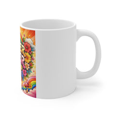 Flower Power Mug — Retro 70s Peace Sign & Rainbow Floral Coffee Cup
